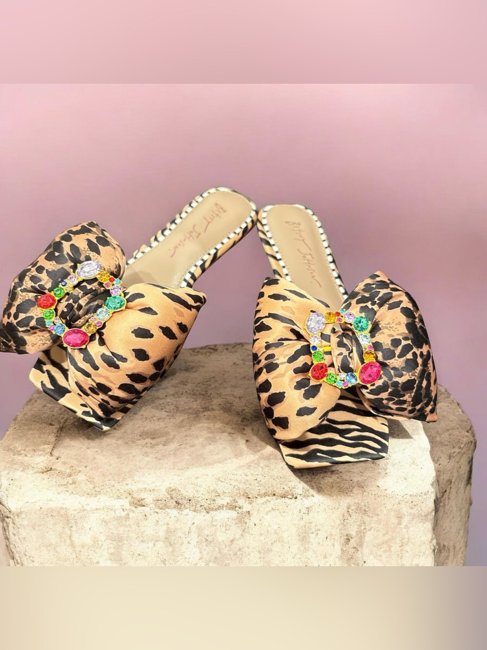 Betsey Johnson Daisyy Leopard Print Bow Slides with Multicolor Jewel Accent